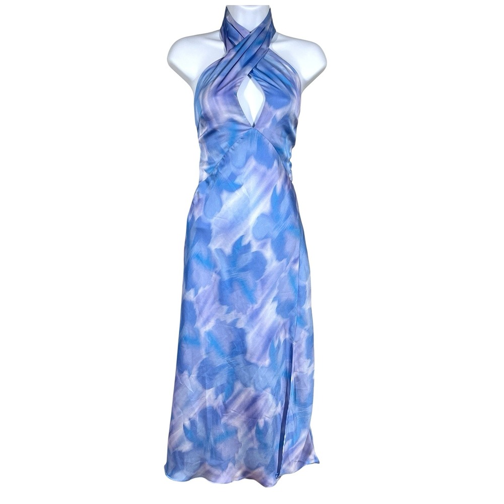 ASTR The Label Amara Halter Maxi Dress Womens M Blue Abstract Watercolor Prom